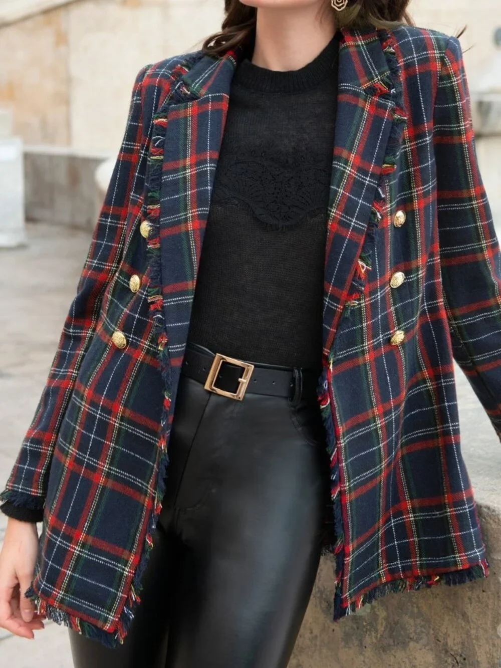 Multicolor Elegant Women's Lapel Collar Fringe Trim Tartan Blazer